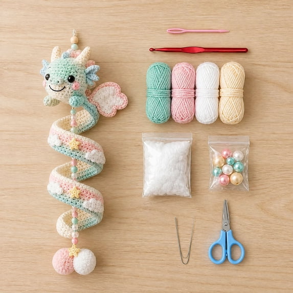 Beginner Friendly Dragon Crochet Kit, DIY Enchanted Dragon Spiral Hanging Ornament with Yarn, Hook, Beads, Stuffing & Pom-poms, Handmade Craft Set for Wall Window Car Decor and Gift