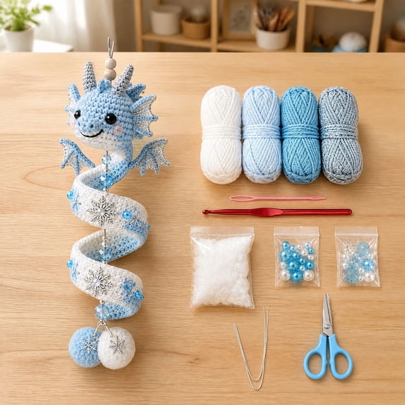 Beginner Friendly Dragon Crochet Kit, DIY Enchanted Dragon Spiral Hanging Ornament with Yarn, Hook, Beads, Stuffing & Pom-poms, Handmade Craft Set for Wall Window Car Decor and Gift