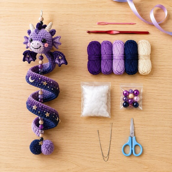 Beginner Friendly Dragon Crochet Kit, DIY Enchanted Dragon Spiral Hanging Ornament with Yarn, Hook, Beads, Stuffing & Pom-poms, Handmade Craft Set for Wall Window Car Decor and Gift