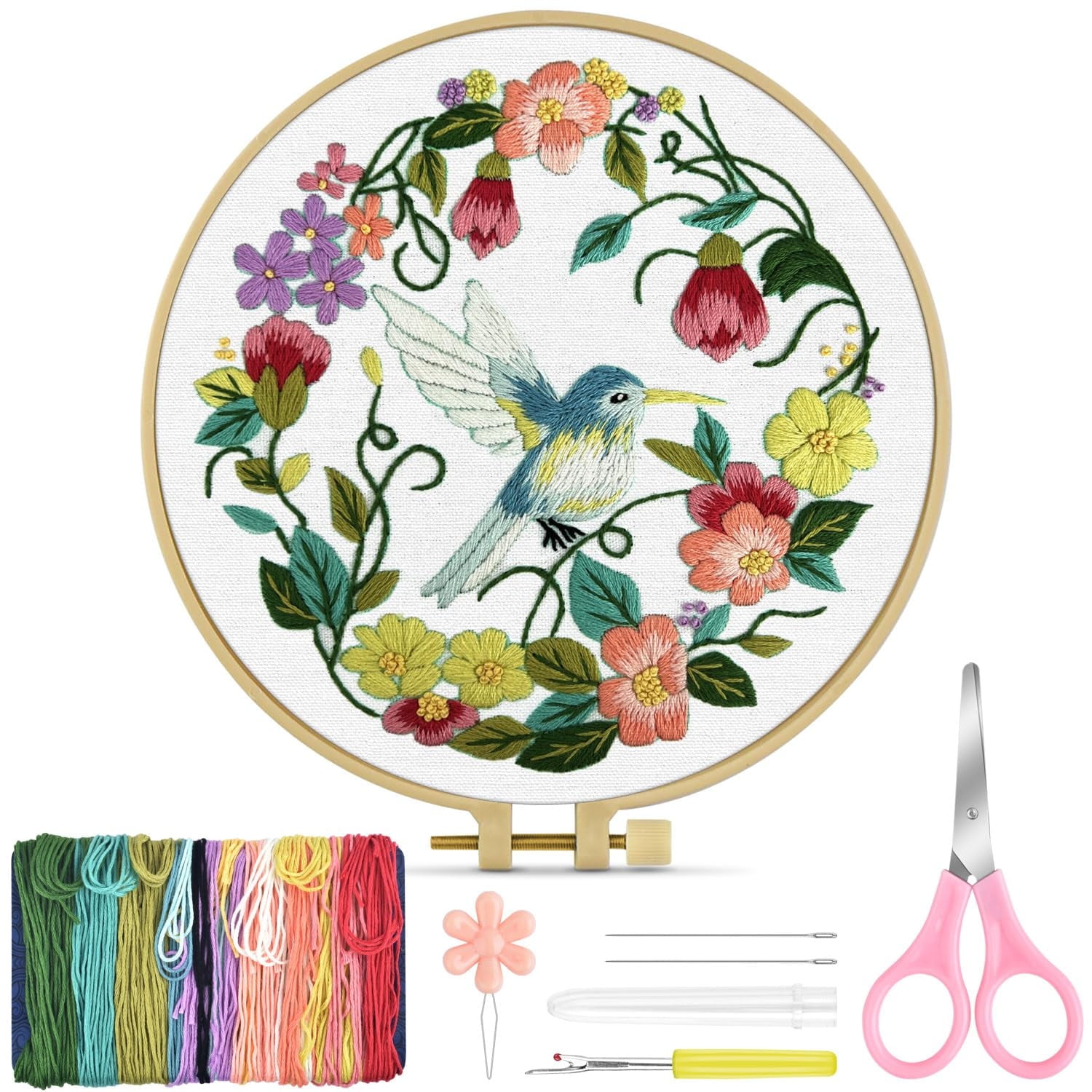 Beginner-Friendly Embroidery Kit, Hummingbird Pattern with Hoop Fabric ...