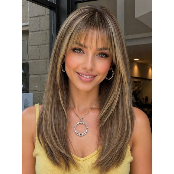 Beginner Friendly Layered Wig with Bangs for Women | Easy to Wear,synthetic wig,glueless Straight hair,Natural Looking,Wig for Daily Party,20inch,Brown Highlight