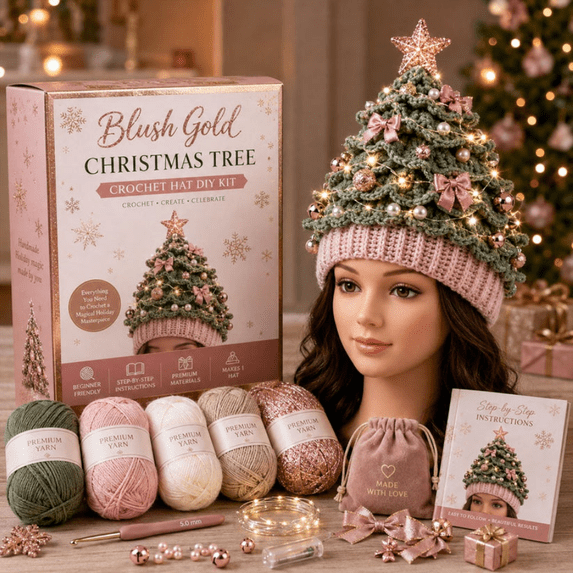 Beginner-Friendly Light-Up Blush Gold Crochet Hat DIY Kit, Elegant Crochet Craft Kit with Decorative Holiday Style for Seasonal Events