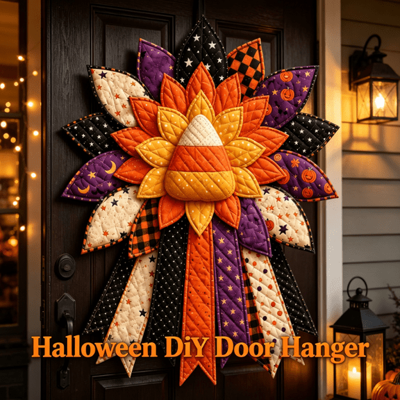 Beginner-Friendly Oversized Halloween Character Quilted Door Hanger Sewing Kit Handmade DIY Craft Set for Halloween Home Decor Front Door Decoration and Seasonal Display (Candy‑Corn)
