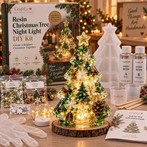 Beginner-Friendly Resin Christmas Tree Night Light DIY Kit, Complete Craft Set with Mold, Resin, Fairy Lights & Festive Decorations, 1 Kit