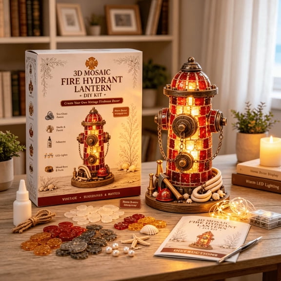 Beginner-Friendly Vintage Firehouse Mosaic Light DIY Kit, LED Light Up Fire Hydrant Lantern Making Kit, Vintage Firehouse Decor Craft for Shelf & Mantel Decoration (Fire Hydrant Lantern)
