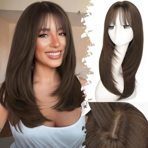 Beginner-Friendly Wig with Bangs for Women Medium Brown Straight -Framing Layers Hairstyle 4x4 Realistic Scalp Glueless Synthetic Wigs Medium Length for Everyday Use