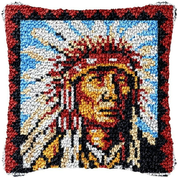 Beginner Indian Man Latch Hook Kits Pillow Cover Set Sofa Cushion Latch Hooking Carpet Rug Acrylic Yarn Printed Pillowcase Craft Kits with Tools Sofa Decor 17 x 17 Inch