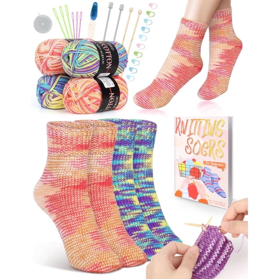 Beginner Knitting Kit for Adults, 4 count Socks Yarn Knitting Kit with Step by Step Instruction and 4 Knitting , Knitting Starter Kit for Learn to Knit Craft Kits
