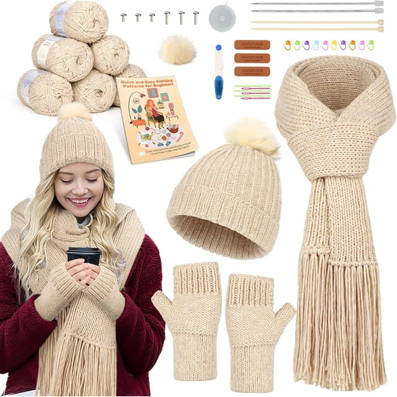 Beginner Knitting Kit - Learn to Knit for Adults & Kids Complete Hat, Scarf, Gloves Starter with Step-by-Step Instructions