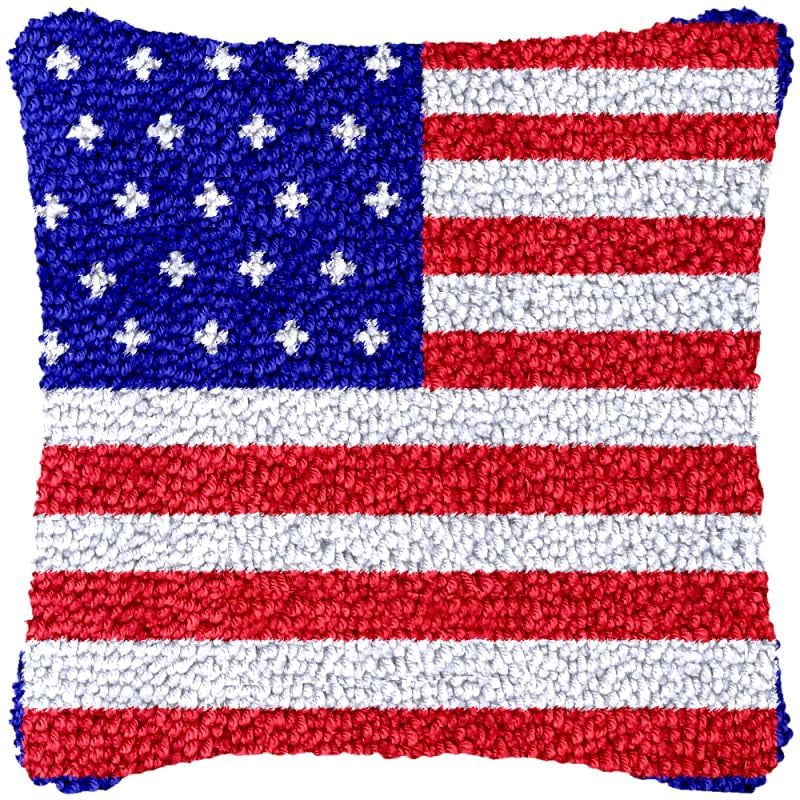 Beginner Latch Hook Kits American Flag Set Sofa Cushion Cover Latch Hook Carpet Rug Acrylic Yarn,Pillowcase Craft Kits with Printed Canvas for Starter Kids Adults - 17 x 17 Inch