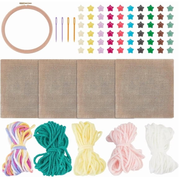 Beginner Sewing Kits Embroidery Starter Kit with Linen Acrylic Star Beads Embroidery Hoop Colorful Threads Sewing Needles Embroidery Tools Stitch Learning DIY Kit Crafts for Adults Women