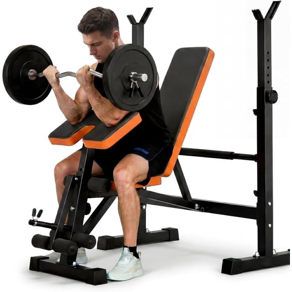 Beginner Weight Bench Set for Home Gym, 6-in-1 Adjustable Workout Bench with Squat Rack, Foldable Full Body Fitness Equipment for Bench Press, Sit-Up & Strength Training