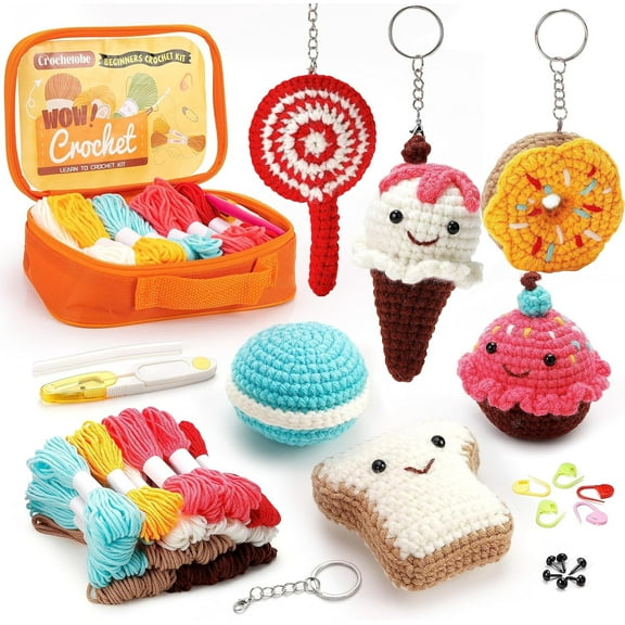 Auihiay Beginners Adults Crochet Kit - 6 Desserts, Complete Kit with Detailed Instructions, Video Tutorials