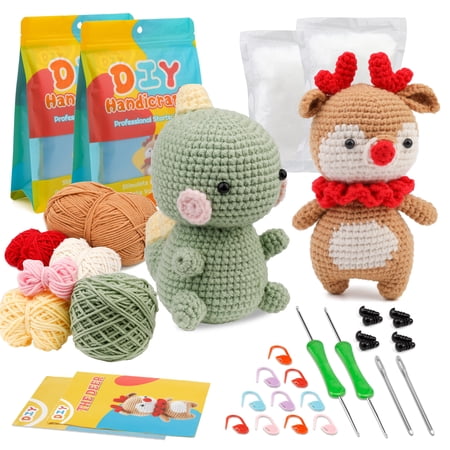 Beginners Crochet Kit, 2 Pack Cute Small Animals Kit for Beginers and Experts, All in One Crochet Knitting Kit, Crochet Starter Kit for Beginner DIY Craft Art (Dinosaur&Fawn).