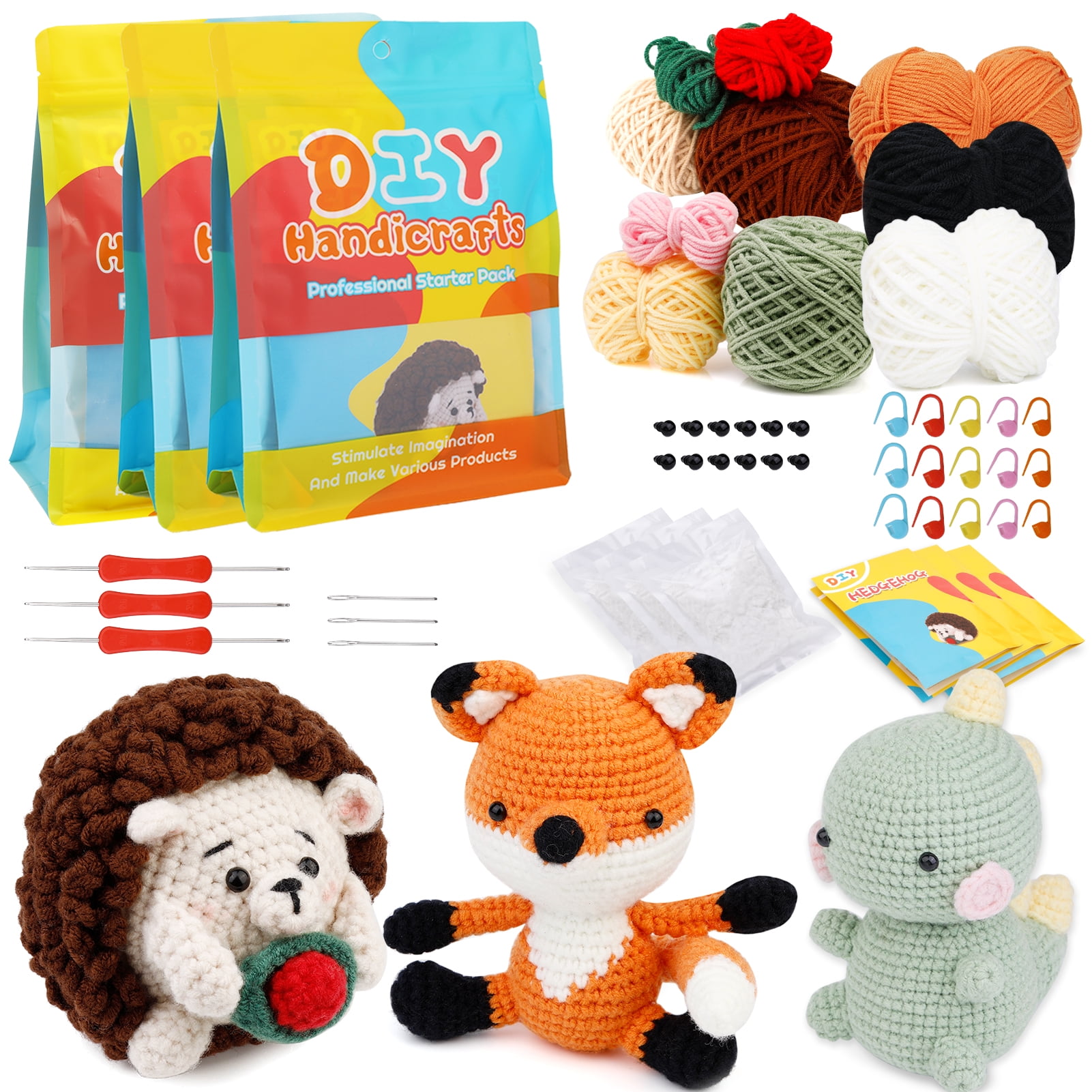 Ihvewuo Beginner Crochet Kit Cute Colorful Dinosaurs Professional Crochet Starter Kit for Adults and Kids Animal Crochet Starter Accessories Set for