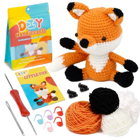 Beginners Crochet Kit, Cute Small Animals Kit for Beginers and Experts, All in One Crochet Knitting Kit, Step-by-Step Instructions Video, Crochet Starter Kit for Beginner DIY Craft Art (Fox).