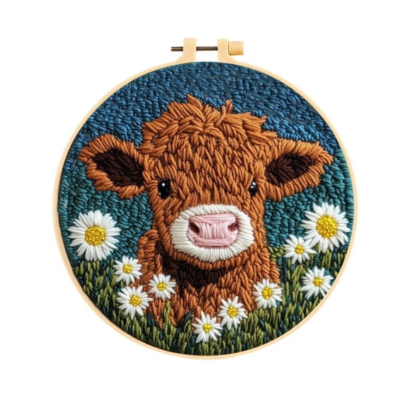 Beginners Punch Needle Kit Cute Cartoons Highlands Cow With Daisies Flower Embroidery Punch Needle Crafts Set