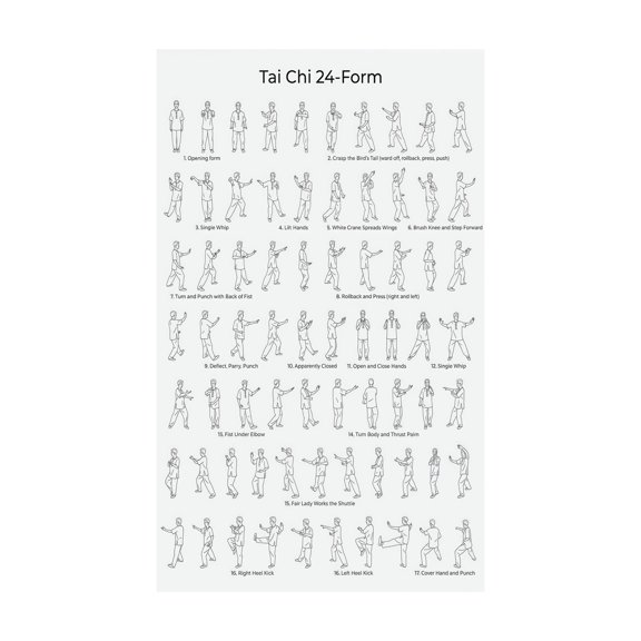 Beginners Tai Chi Learning Poster 42 Movement Sequence Chart with Illustrations Canvas Wall Art for Practice Meditation and Home Decor