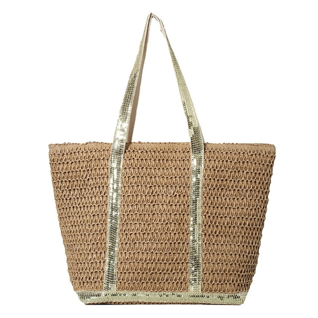 Begsfte Women Crochet Beach Handbag Large Capacity Sequins Weaving Travel Bag Contrast Color Minimalist Tote Bag Ladies Summer Daily Bag