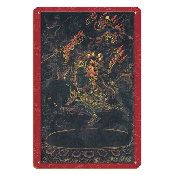 Begtse Chen (Chamsing) - Dharma Protector of the - Vintage Tibetan Thangka Buddhist Painting - 8 x 12 inch Vintage Wood Art Sign