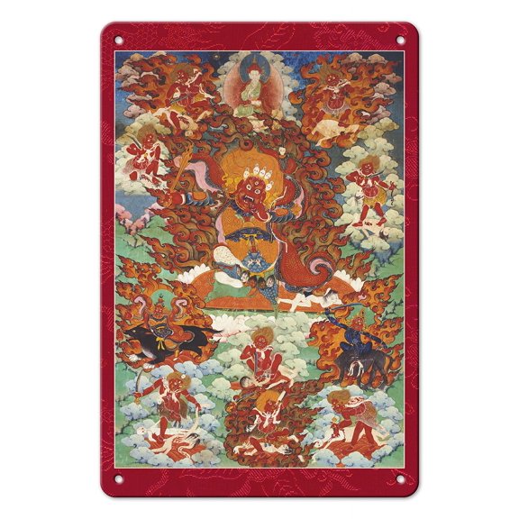 Begtse Chen (Red Mahakala) - Buddhist Tantric Protector Deity - Vintage Tibetan Thangka Buddhist Painting - Tibet, 18th Century - 8 x 12 inch Vintage Metal Tin Sign
