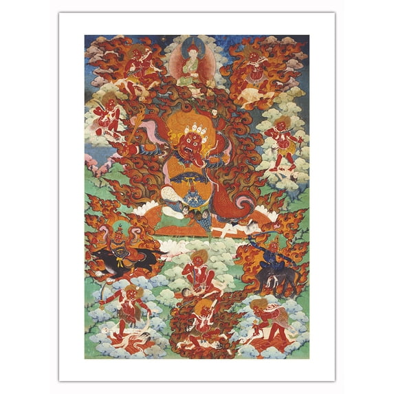 Begtse Chen (Red Mahakala) - Buddhist Tantric Protector Deity - Vintage Tibetan Thangka Buddhist Painting - Tibet, 18th Century - Bamboo Fine Art 290gsm Paper Print (Unframed) 18x24in