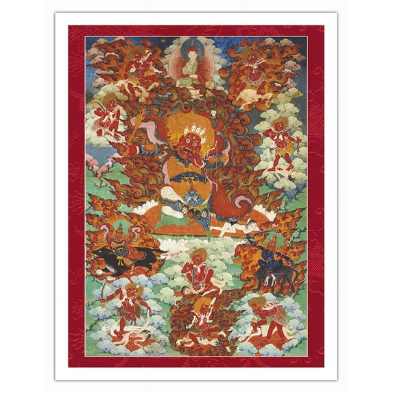 Begtse Chen (Red Mahakala) - Buddhist Tantric Protector Deity - Vintage Tibetan Thangka Buddhist Painting - Tibet, 18th Century - Fine Art Matte Paper Print (Unframed) 20x26in