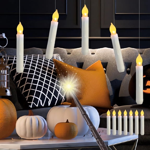 Begzeat 12 Pcs Floating Candles with Wand,Hanging Candles with Timer,Magic Deco Candles Flickering Warm Light,Flameless Taper Candles with Wand Remote,LED Candlesticks for Birthday Halloween Party Dec