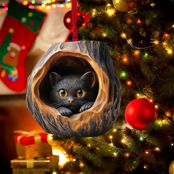 Begzeat Animal Christmas Ornament, Forest Animal Decoration, Christmas Tree Animal Pattern 2D Acrylic Ornament, Animal Ornaments for Christmas Tree Forest Decorations(Black Cat)