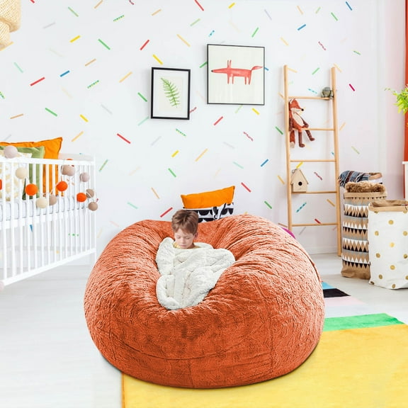 Begzeat Clearance Giant Fur Bean Bag Chair Cover for Kids Adults, Living Room Furniture Big Round Soft Fluffy Faux Fur Beanbag Lazy Sofa Bed Cover(Cover only, No Filler, Orange, 6FT)