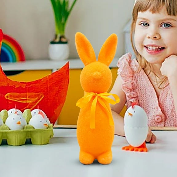 Begzeat Easter Flocked Bunnies, Flocking Rabbit Figurines with Bow Ties, Adorable Spring Tabletop Ornaments for Home, Garden Decor, Bunnies Decoration for Easter Celebration, 2.4''×8.7''(Orange)
