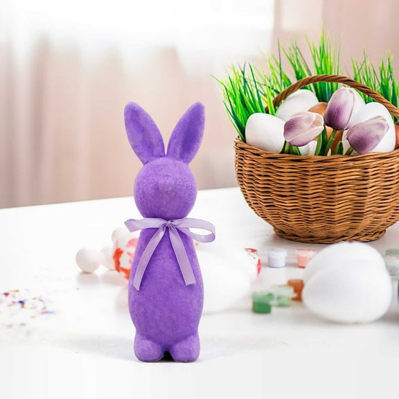 Begzeat Easter Flocked Bunnies, Flocking Rabbit Figurines with Bow Ties, Adorable Spring Tabletop Ornaments for Home, Garden Decor, Bunnies Decoration for Easter Celebration, 2.4''×9.1''(Purple)