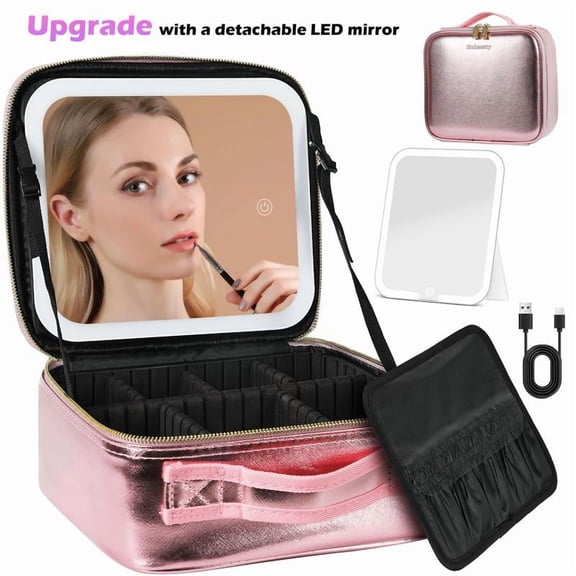 Behaesty Portable Makeup Bag with 3-Color LED Detachable Mirror 2000mAh USB Rechargeable Waterproof PU Leather Organizer Compact Travel Cosmetic Pouch Vanity Purse