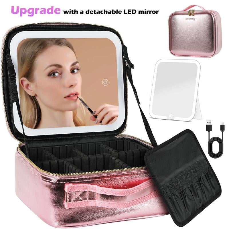 Behaesty Portable Makeup Bag with 3-Color LED Detachable Mirror 2000mAh ...