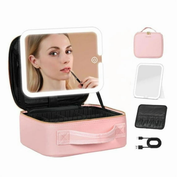 Behaesty Portable Makeup Bag with 3-Color LED Detachable Mirror 2000mAh USB Rechargeable Waterproof PU Leather Organizer Compact Travel Cosmetic Pouch Vanity Purse