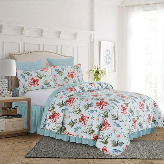Behari Octopus Blue Beach Coastal King 3 Piece Quilt Set