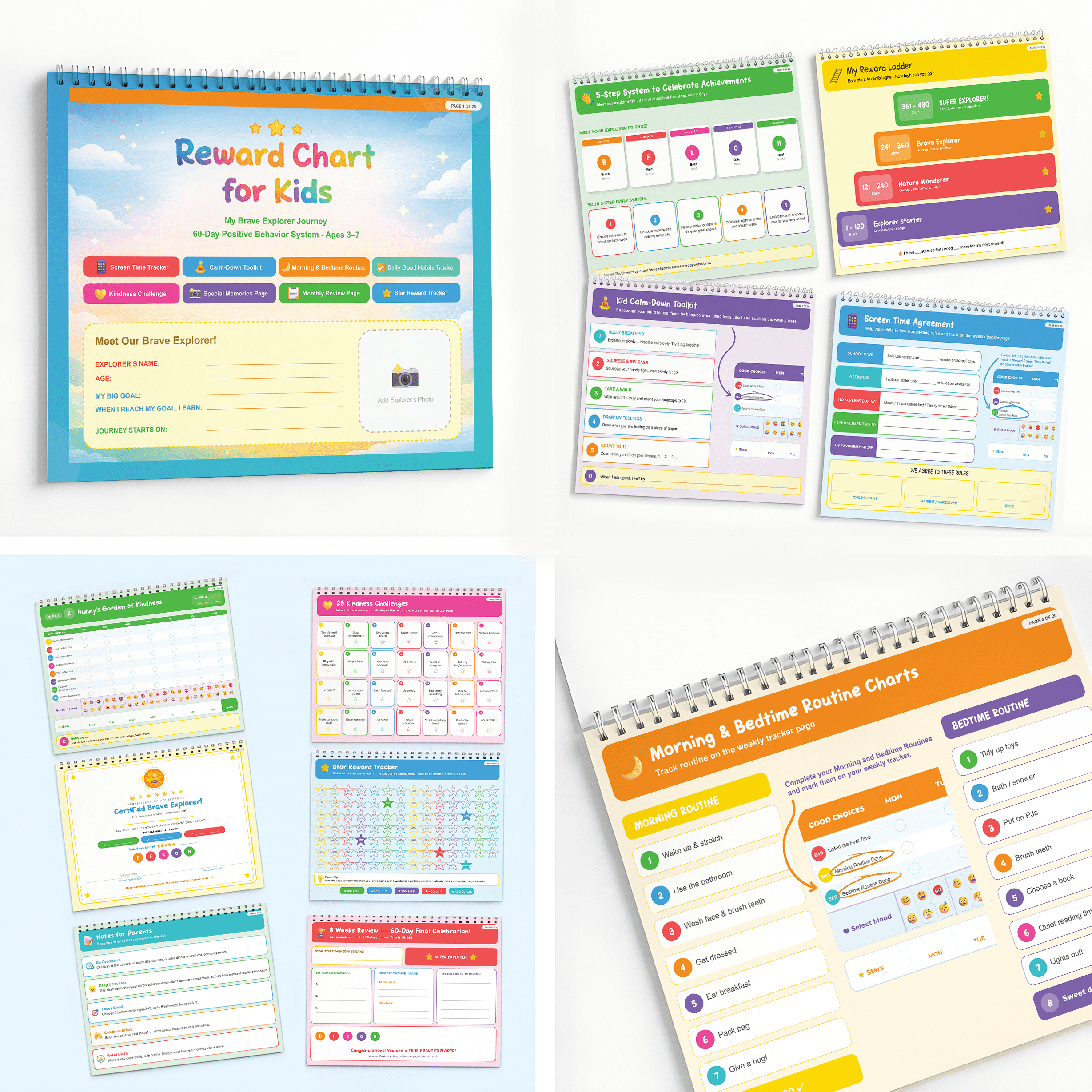 Behavior Chart for Kids at Home – 60 Day Wall Planner for Ages 3–7 – Morning & Bedtime Routine Chart, Visual Schedule, Screen Time Monitoring with Weekly Tracker & Monthly Review | 14x11.5 in 250 GSM