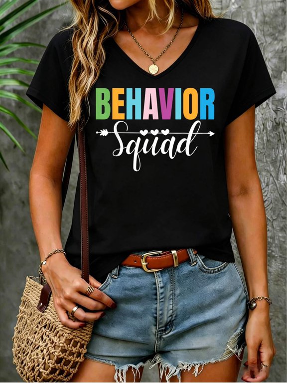 Behavior Squad ABA Therapist Therapy Behaviour Team RBT V Neck T-Shirt Cotton Women's V Neck Graphic Tee, Casual Short Sleeve Shirt,Vacation Outfit