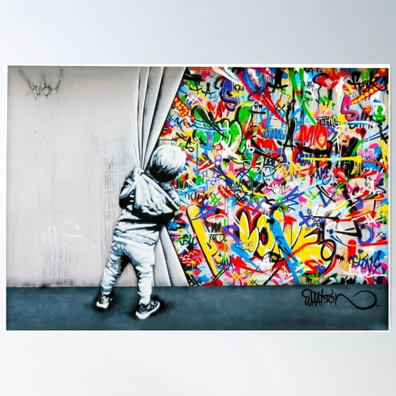 Behind The Curtain Boy - Colorful Graffiti Pop Art - Banksy Street Art Mural Poster Wall Art, Modern Wall Decor For Living Room Bedroom, 8x12 UNFRAMED