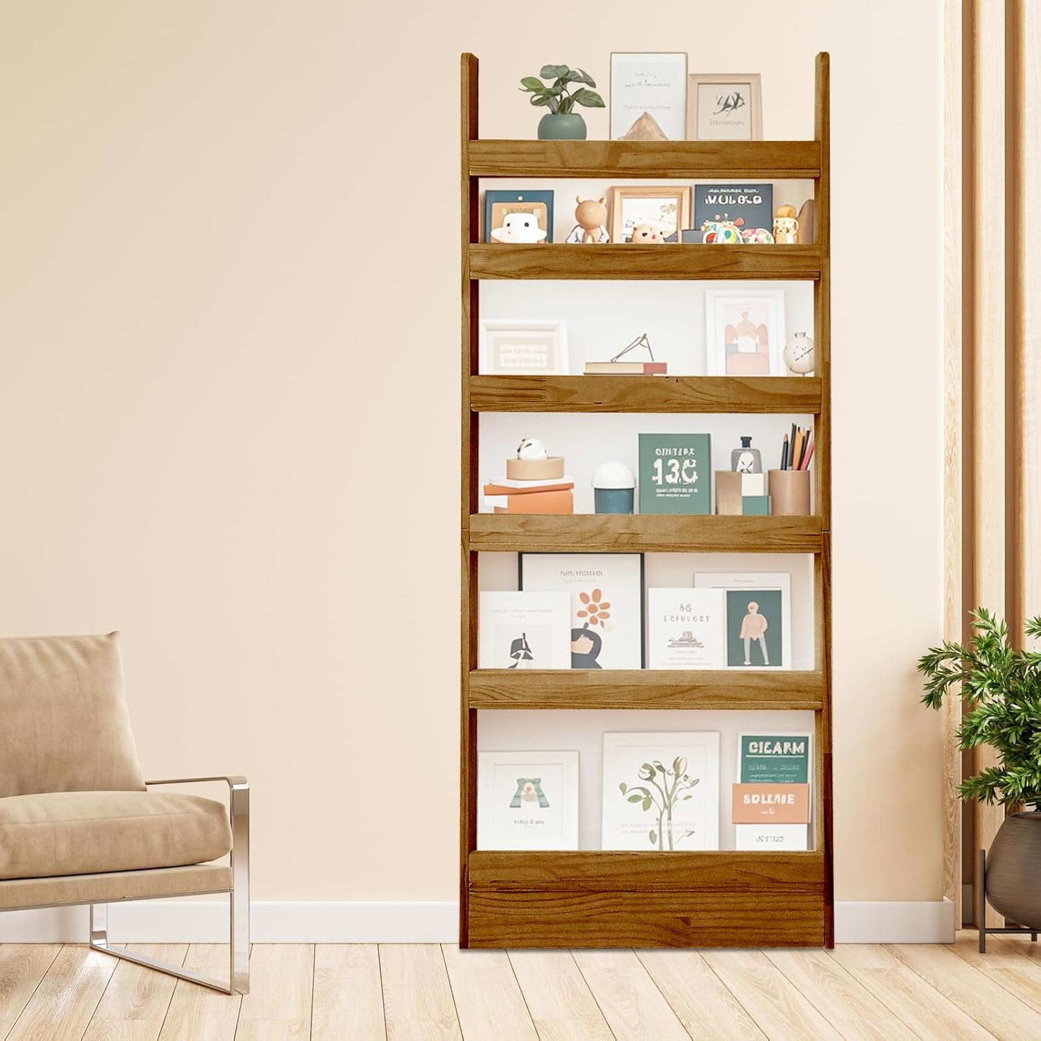 Behind Door Bookshelf Organizer - Natural Wood Wall Shelf 6-Tier Space ...