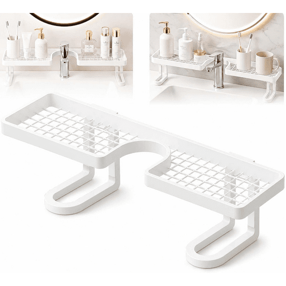 Behind the Faucet Organizer, No-Drill Over the Sink Shelf Bathroom, Multifunctional Steel Storage Rack, Space Saving Sink Organizer Shelf for Kitchen Bathroom Faucet Back Storage Arrangement