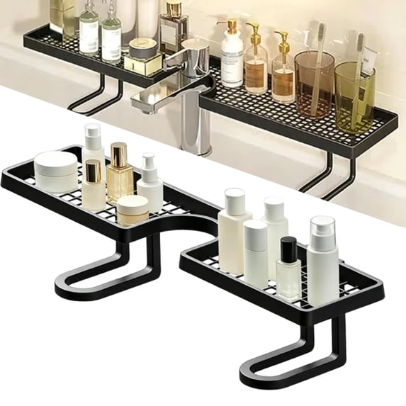 Behind The Faucet Organizer, Over Sink Faucet Storage Rack, No-Drill Free Standing Faucet Storage Shelf, Space-Saving Bathroom Countertop Organizer for Kitchen & Bathroom, Easy Drainage