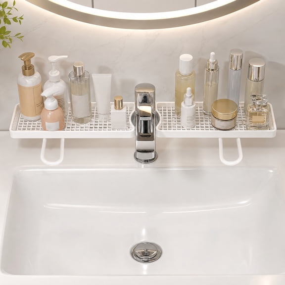 Behind the Faucet Sink Organizer, No-Drill Over the Sink Shelf, U-Shaped Faucet Storage Rack, Rustproof Metal Bathroom Countertop Organizer with Fast Drainage for Kitchen & Bathroom