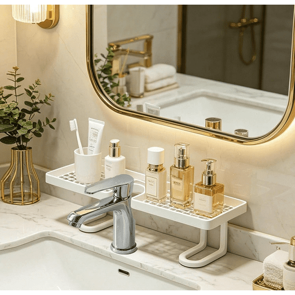 Behind the Faucet Sink Organizer, No-Drill over the bathroom sink shelf Tool-Free Compact Countertop Faucet Organizer Storage Rack Stand Hollowed-Out Bottom Easy Drainage For Kitchen Bathroom