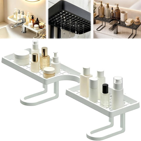 Behind the Faucet Sink Organizer, Over Sink Faucet Storage Rack, No-Drill Faucet Storage Rack, Widened U-Shaped Groove Space-Saving, Easy Drainage for Kitchen Sink, Vanity, Bathroom (White)