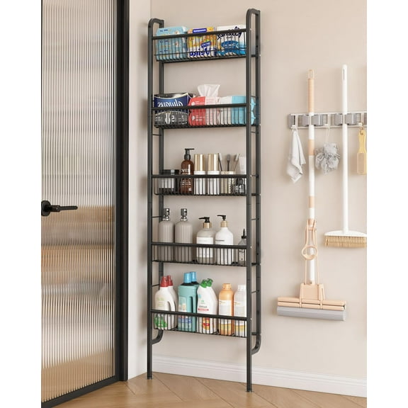 Behind The Door Bathroom Shelf Narrow 5-Tier, Space-Saving Slim Storage Shelf Narrow Shelving Unit for Bathroom and Kitchen Black