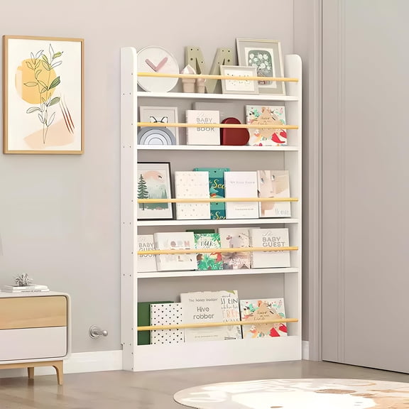Behind The Door Bookshelf, Wooden 5-Tier Bookcase with Anti-Tip Design, Space Efficient Storage for Toys Storybooks Crafts, Natural