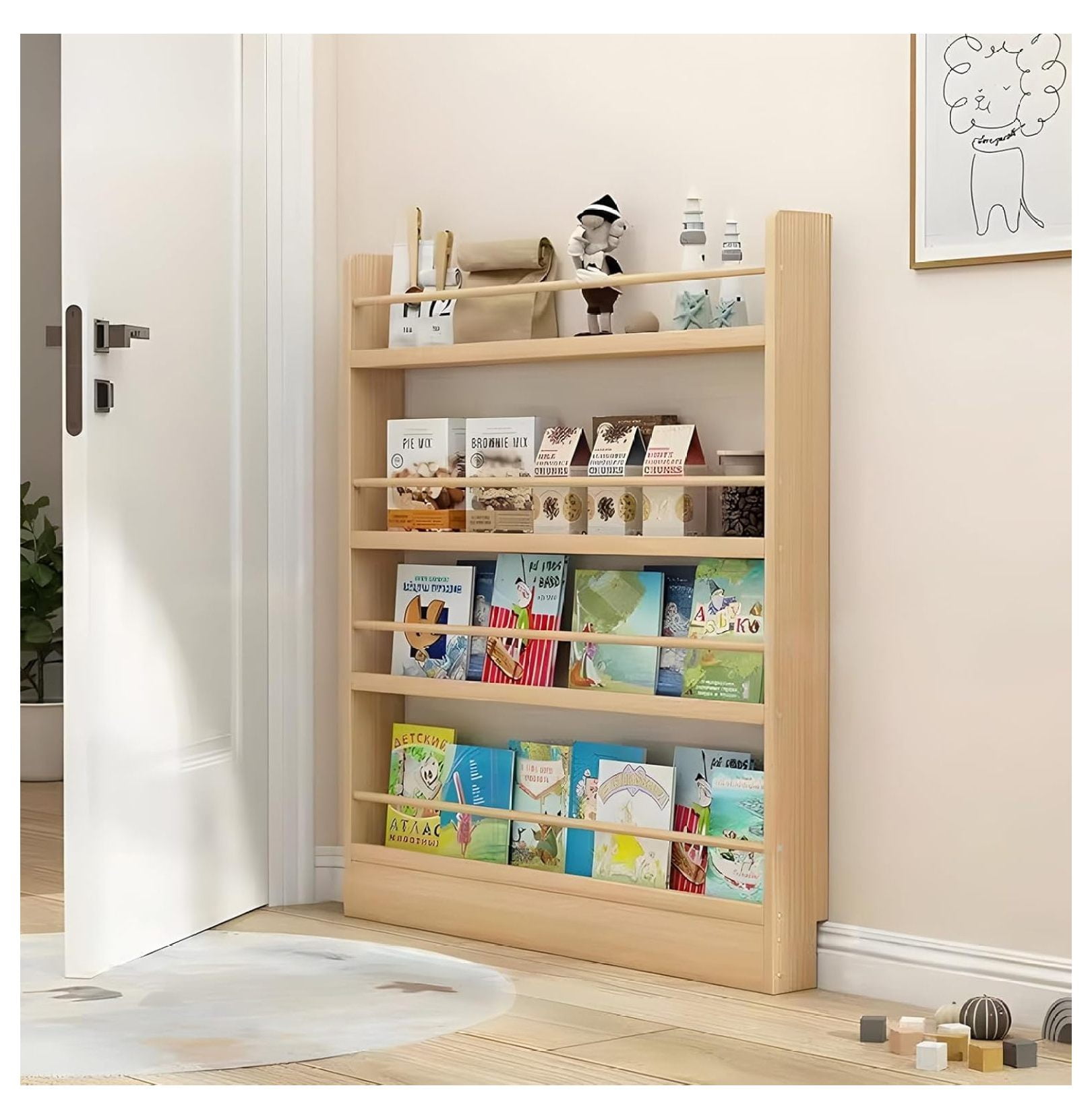 Behind The Door Bookshelf, Wooden Behind Door Bookshelf 4-Tier, Space ...