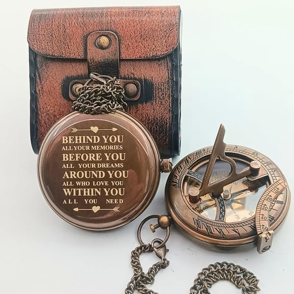 Behind You Engraved Brass Compass Gift for Men Vintage Brass Sundial Compass Antique Nautical Leather Case Best Graduation Gift - Best College Graduation Gift