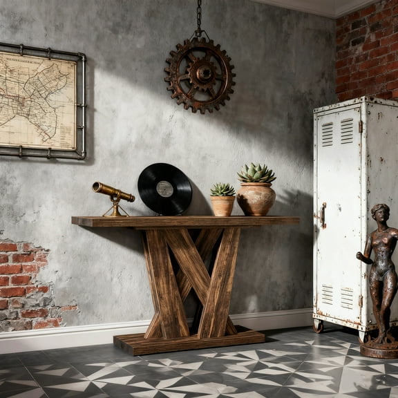 Behind the Couch Table 55-inch, Farmhouse Sofa Console Table with Geometric Base, Skinny Entryway & Hallway Table, Rustic Brown Distressed Finish